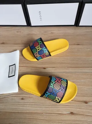 Gucci GG Strap Slide Yellow Multicolor Bright Molded Sole Interlocking Slippers 2