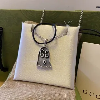 Gucci Ghost Silver Black Pendant Interlocking GG Motif Necklace