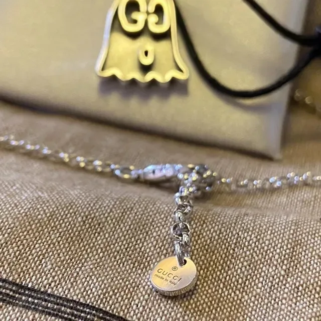 Gucci Ghost Silver Black Pendant Interlocking GG Motif Necklace 2