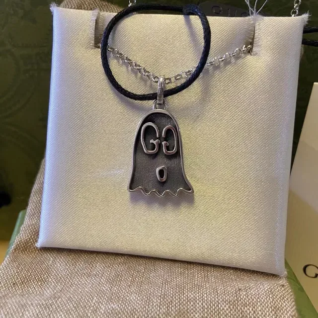 Gucci Ghost Silver Black Pendant Interlocking GG Motif Necklace 3