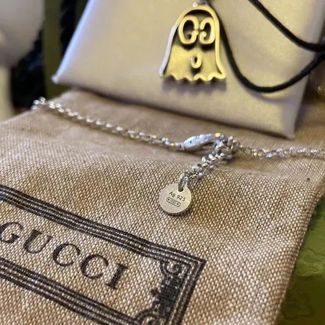 Gucci Ghost Silver Black Pendant Interlocking GG Motif Necklace 4