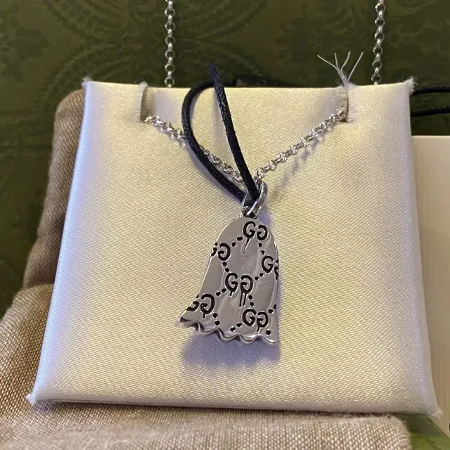 Gucci Ghost Silver Black Pendant Interlocking GG Motif Necklace 5