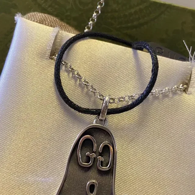 Gucci Ghost Silver Black Pendant Interlocking GG Motif Necklace 6