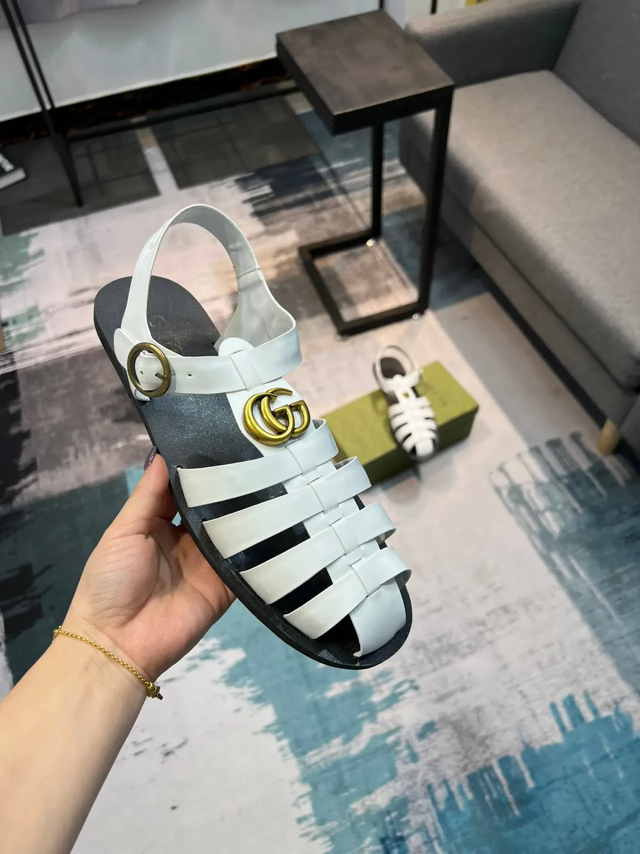 Gucci Gladiator Sandal White Gold Leather Strap Design Gladiator Sandals 6