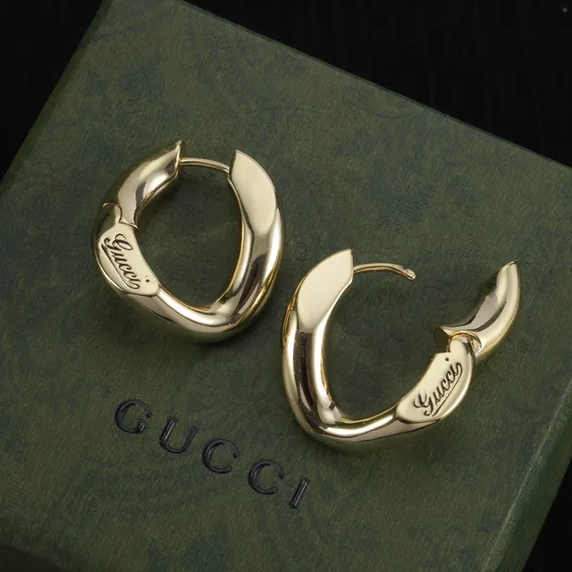 Gucci Gold Asymmetrical Curved Hoops Hinged Closure Earrings 3