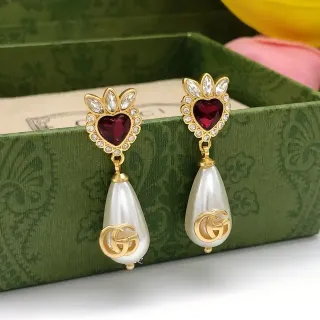 Gucci Gold Red Heart-Shaped Gem Top Pearl Teardrop Drop Earrings