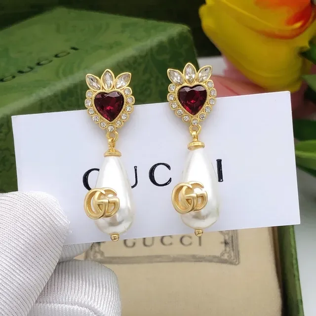 Gucci Gold Red Heart-Shaped Gem Top Pearl Teardrop Drop Earrings 2