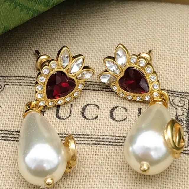 Gucci Gold Red Heart-Shaped Gem Top Pearl Teardrop Drop Earrings 4