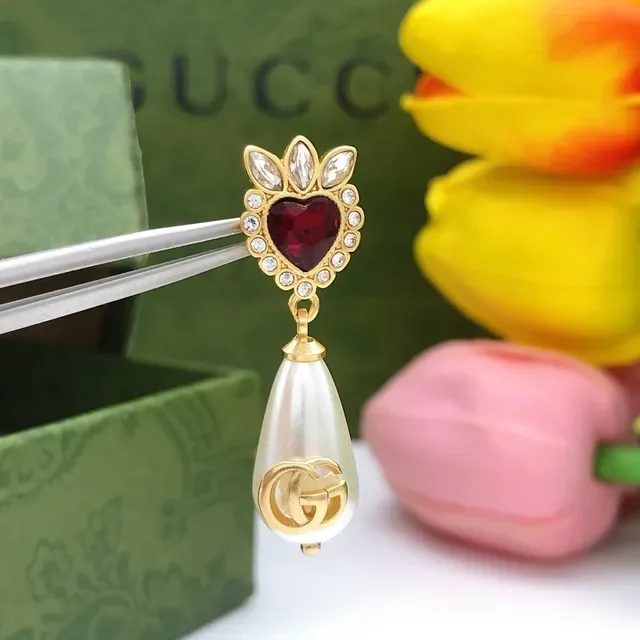 Gucci Gold Red Heart-Shaped Gem Top Pearl Teardrop Drop Earrings 6