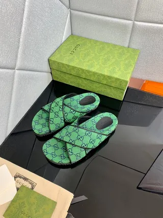 Gucci Green Black Crisscross Strap GG Monogram Canvas Slippers 3