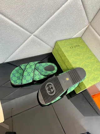 Gucci Green Black Crisscross Strap GG Monogram Canvas Slippers 4