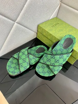 Gucci Green Black Crisscross Strap GG Monogram Canvas Slippers 9