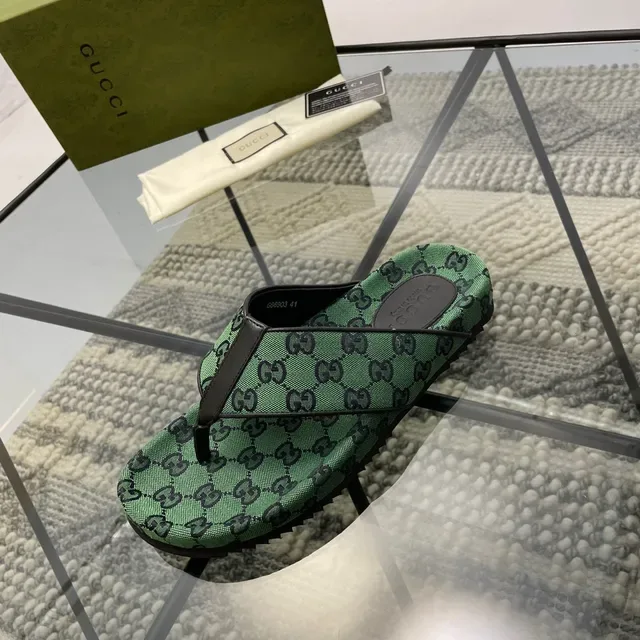 Gucci Verde Negro GG Monogram Lona Sandalias Thong Strap 3