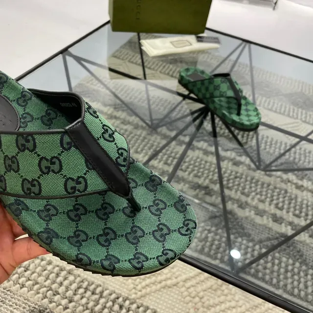 Gucci Verde Negro GG Monogram Lona Sandalias Thong Strap 6