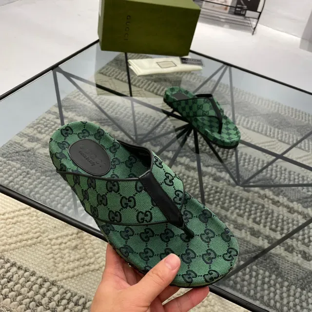 Gucci Verde Negro GG Monogram Lona Sandalias Thong Strap 7