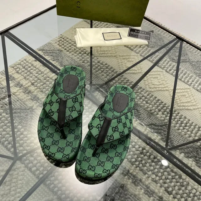 Gucci Verde Negro GG Monogram Lona Sandalias Thong Strap 8