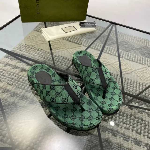 Gucci Verde Negro GG Monogram Lona Sandalias Thong Strap 9