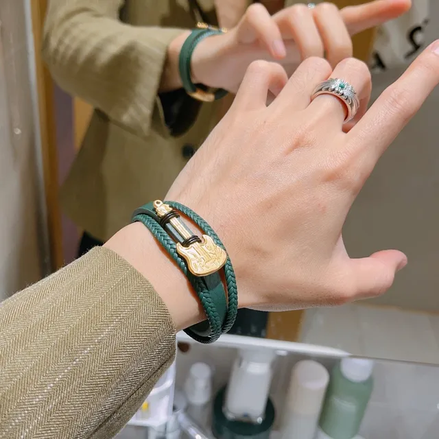 Gucci Guitar Charm Braided Leather Green and Gold Bracelet 2