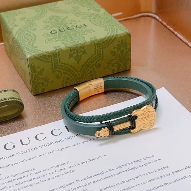 Gucci Guitar Charm Braided Leather Green and Gold Bracelet 3