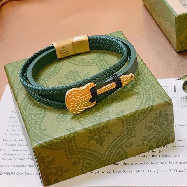 Gucci Guitar Charm Braided Leather Green and Gold Bracelet 4
