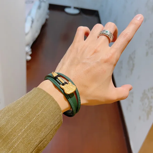 Gucci Guitar Charm Braided Leather Green and Gold Bracelet 5