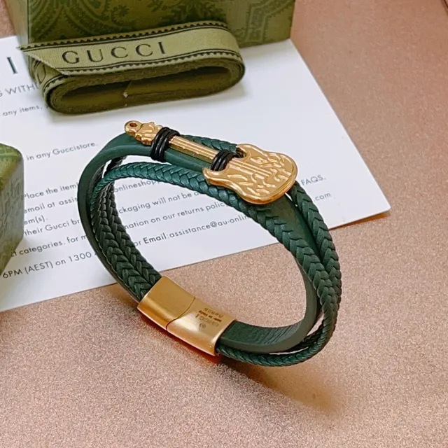 Gucci Guitar Charm Braided Leather Green and Gold Bracelet 6