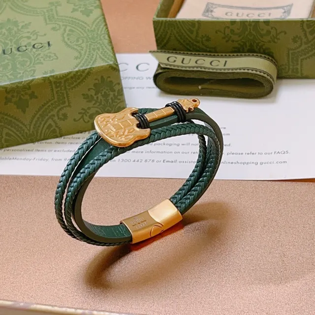 Gucci Guitar Charm Braided Leather Green and Gold Bracelet 7