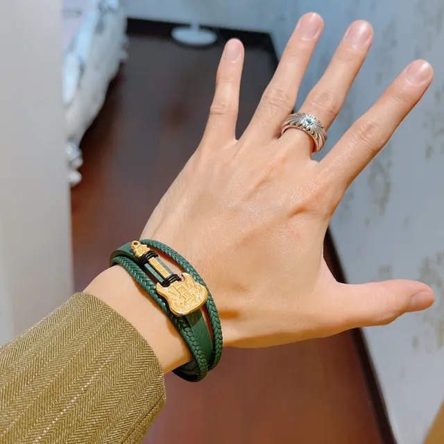 Gucci Guitar Charm Braided Leather Green and Gold Bracelet 8
