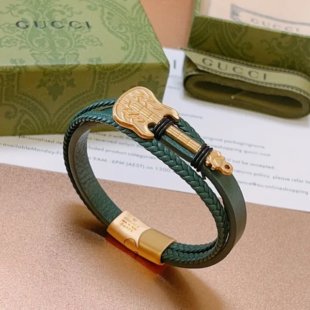 Gucci Guitar Charm Braided Leather Green and Gold Bracelet 9