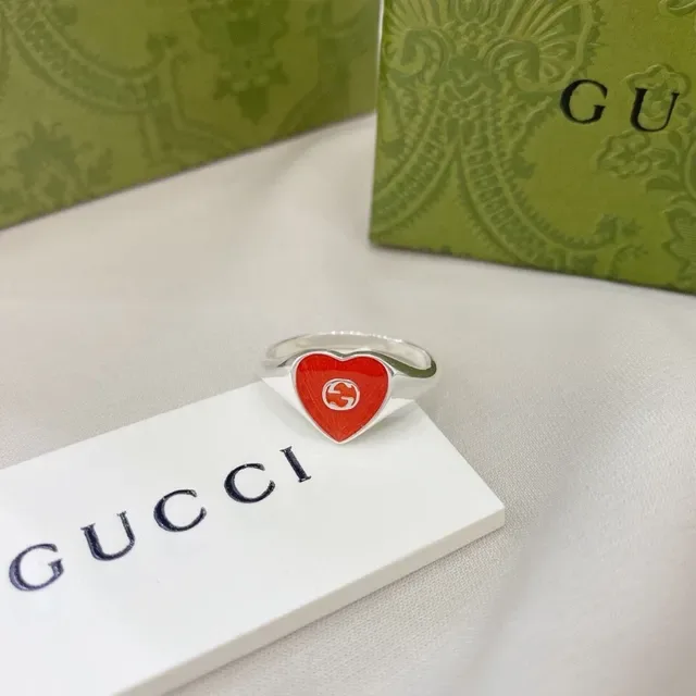 Gucci Heart Signet Ring Red Enamel Silver-Tone Ring 8