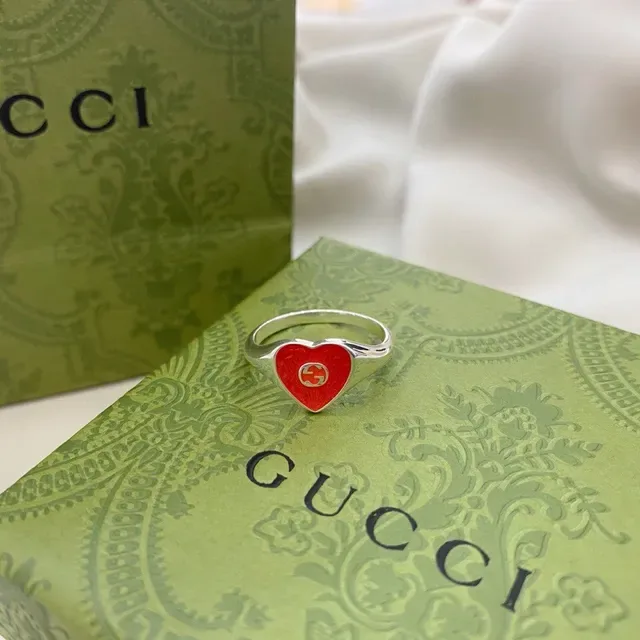 Gucci Heart Signet Ring Red Enamel Silver-Tone Ring 9