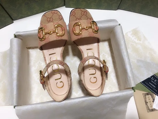 Gucci Horsebit 1955 Beige Gold GG Monogram Canvas Buckle Block Heel 5