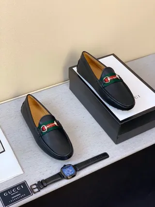 Gucci Horsebit 1955 Noir Vert Cuir Grainé Boucle Loafer 3