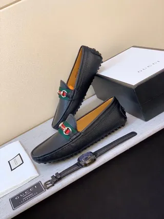 Gucci Horsebit 1955 Noir Vert Cuir Grainé Boucle Loafer 4