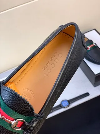 Gucci Horsebit 1955 Noir Vert Cuir Grainé Boucle Loafer 6