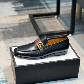 Gucci Horsebit 1955 黑色皮革网状条纹乐福鞋