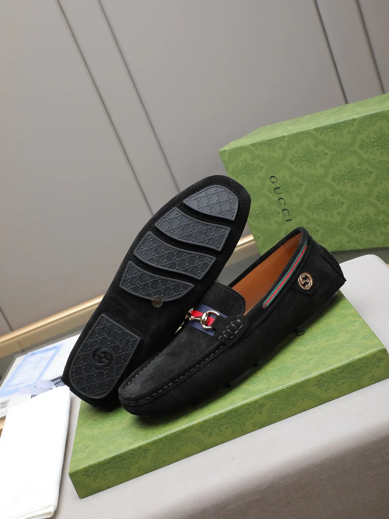 Gucci Horsebit 1955 Black Suede Web Stripe Loafer 5