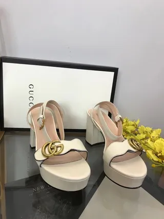 Gucci Horsebit 1955 White Gold Leather Platform Sole Block Heel 5