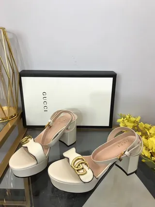 Gucci Horsebit 1955 White Gold Leather Platform Sole Block Heel 6