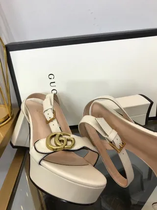 Gucci Horsebit 1955 White Gold Leather Platform Sole Block Heel 7