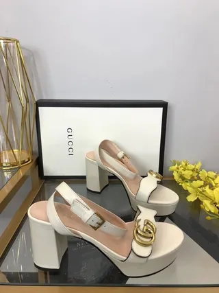 Gucci Horsebit 1955 White Gold Leather Platform Sole Block Heel 8