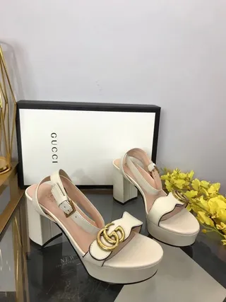 Gucci Horsebit 1955 White Gold Leather Platform Sole Block Heel 9