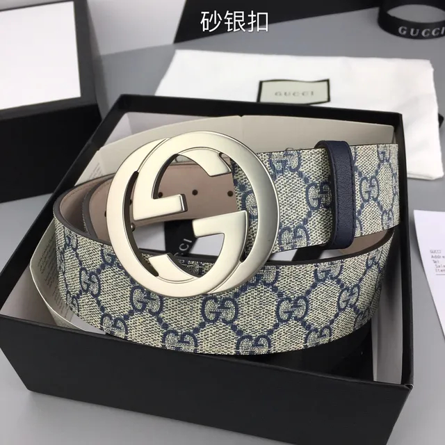Ceinture Gucci Interlocking G Beige et Navy GG Supreme Canvas Leather Belt 5