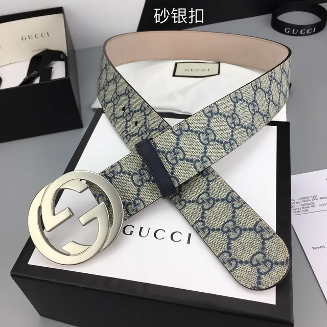 Ceinture Gucci Interlocking G Beige et Navy GG Supreme Canvas Leather Belt 6