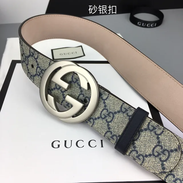 Ceinture Gucci Interlocking G Beige et Navy GG Supreme Canvas Leather Belt 9