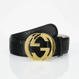 Gucci Interlocking G Belt Black Gold Embossed GG Monogram Buckle Leather Belt