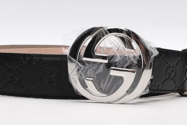 Gucci Interlocking G Belt Black Silver Embossed GG Monogram Buckle Leather Belt 12