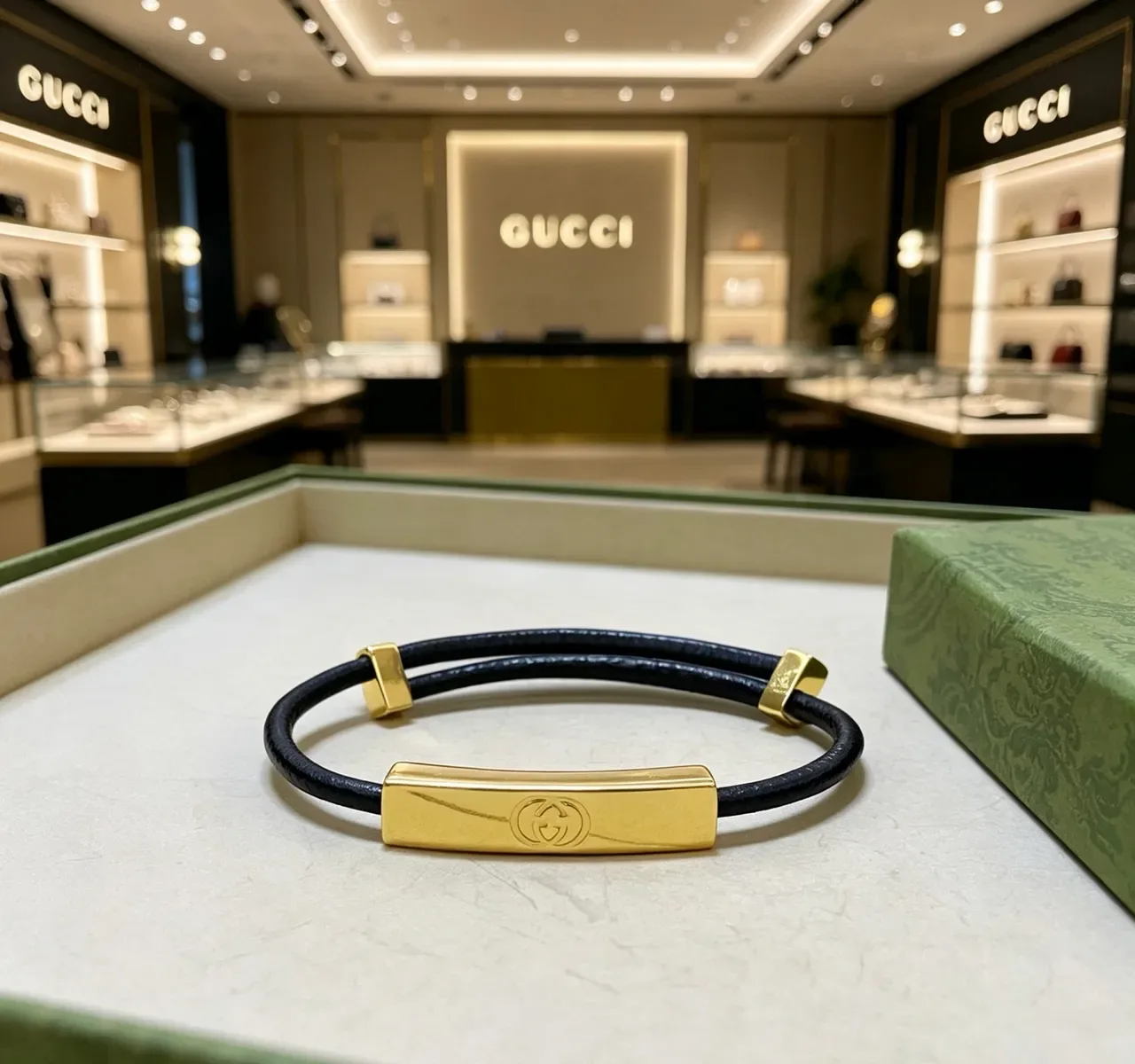 Gucci Interlocking G Black Leather and Gold-Tone Bracelet 2