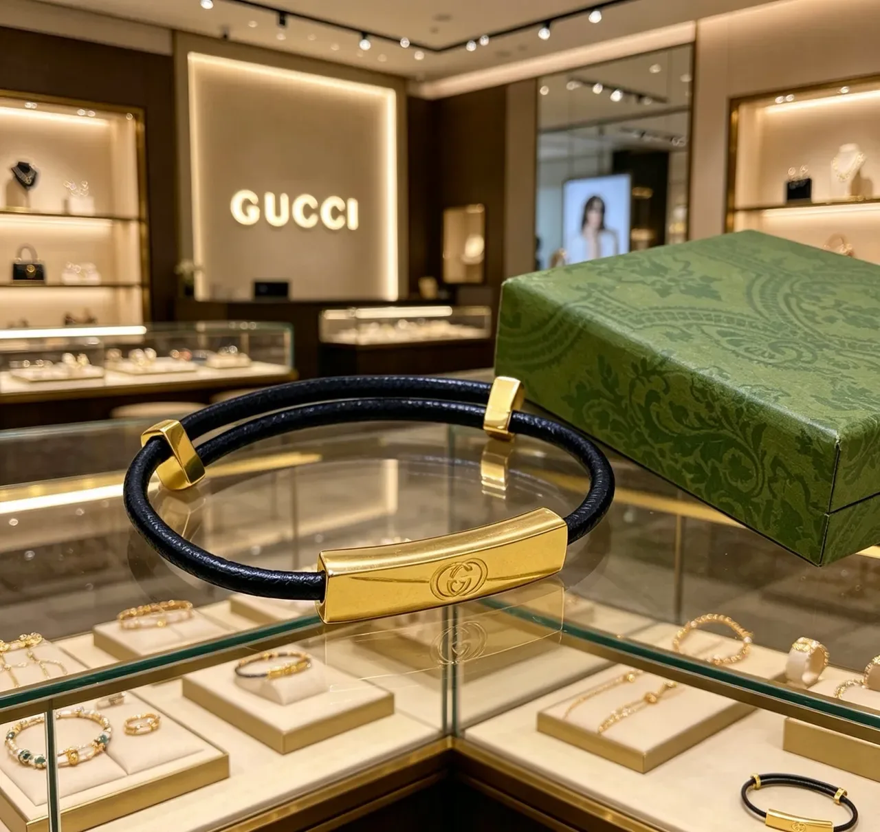Gucci Interlocking G Black Leather and Gold-Tone Bracelet 4