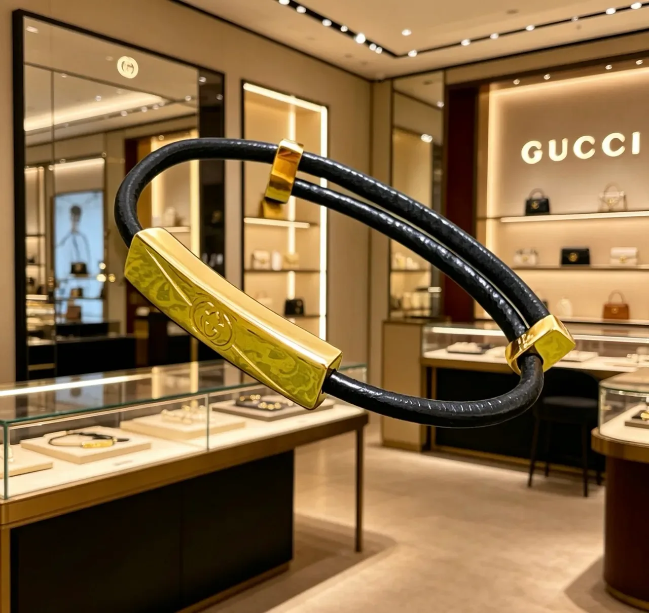 Gucci Interlocking G Black Leather and Gold-Tone Bracelet 9